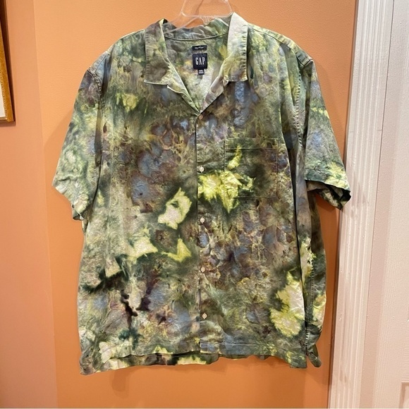 Men's tie dye linen cotton blend button down camp shirt short sleeve green 3XL - Picture 2 of 10
